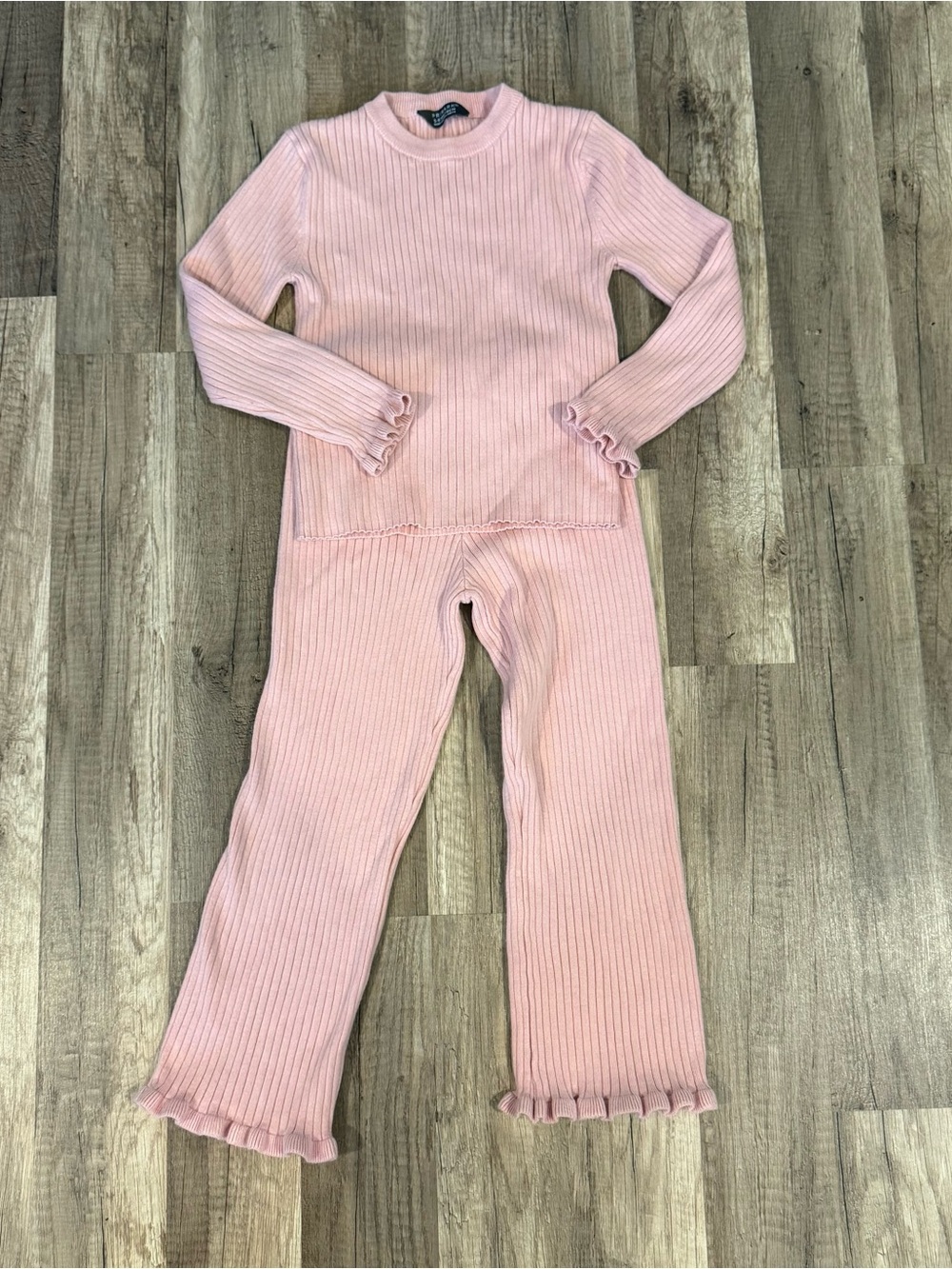 Primark Girls Light Pink knit Ribbed Two-Piece Set with Ruffle Trim